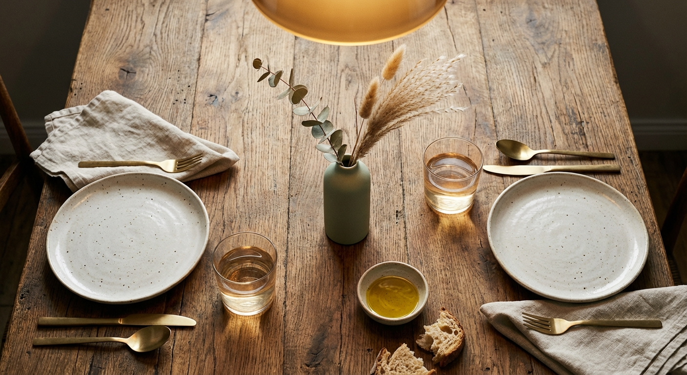 An overhead table for two, set with care, waiting for something to begin