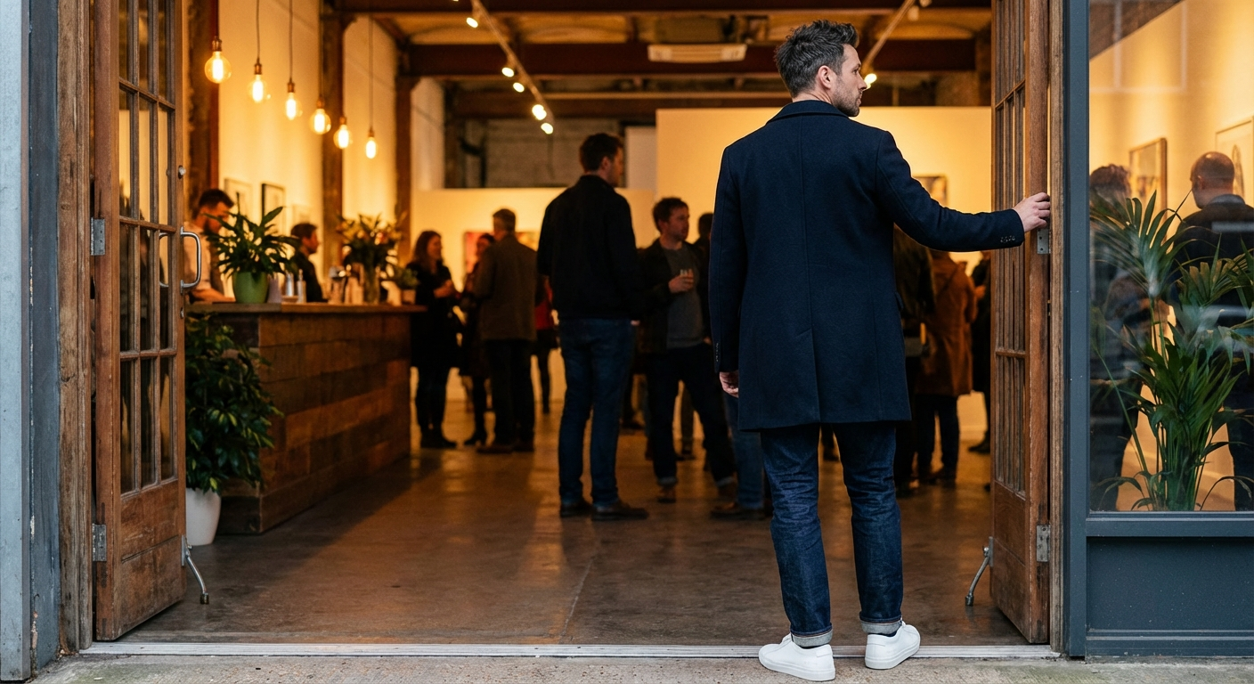 A man arriving at a gallery opening with quiet intention