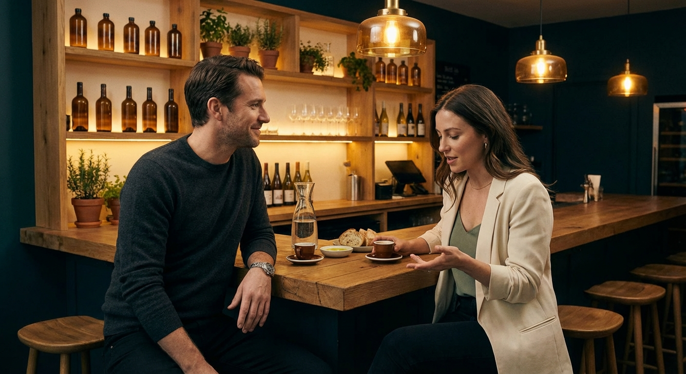 Two people at a wine bar, mid-conversation, caught in a genuine moment