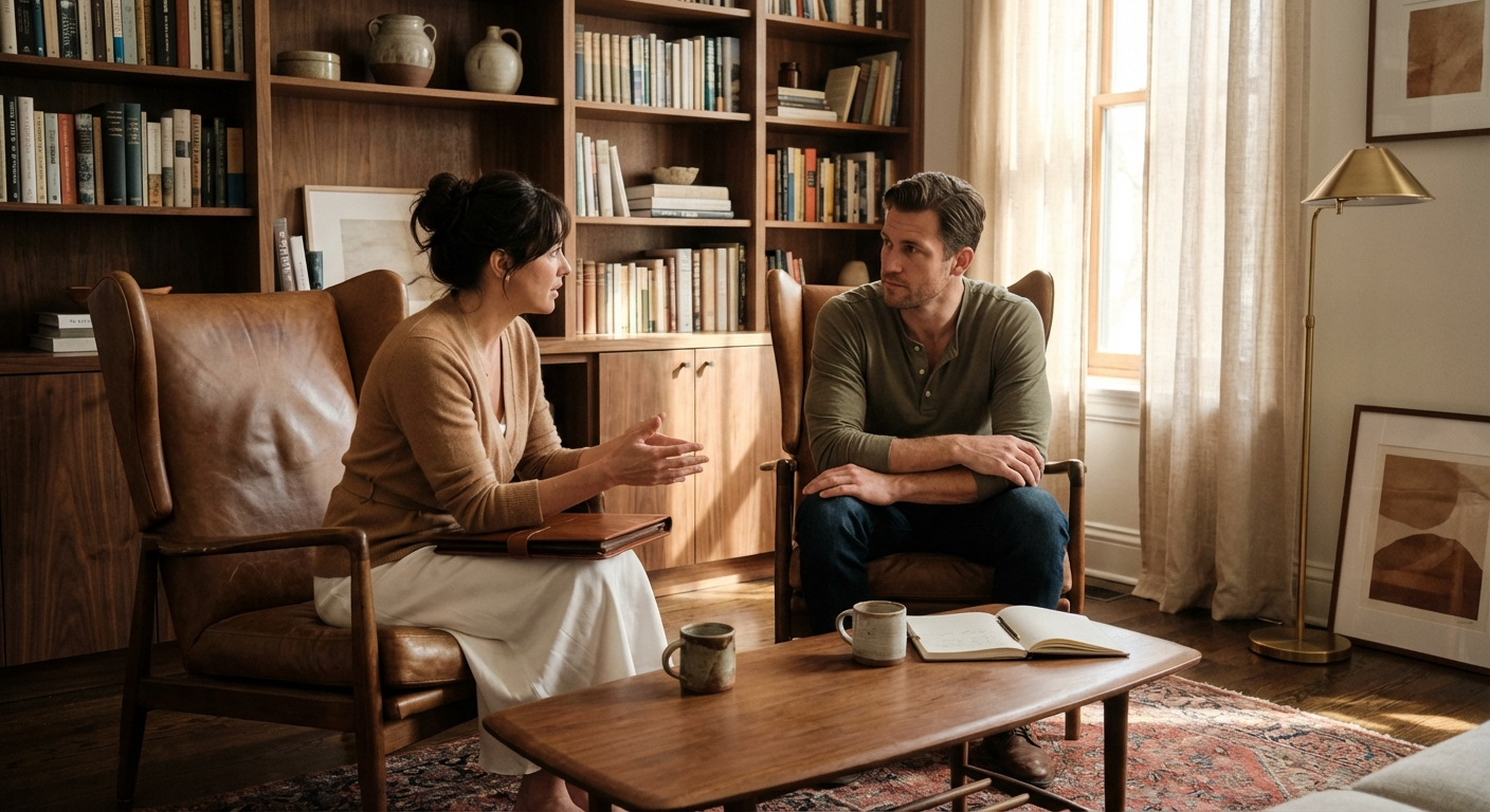 Two men in a private study, deep in thoughtful conversation